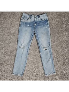 Driftwood Gizelle Jeans Womens 30 Blue Floral Embroidered AOP Tapered Distressed